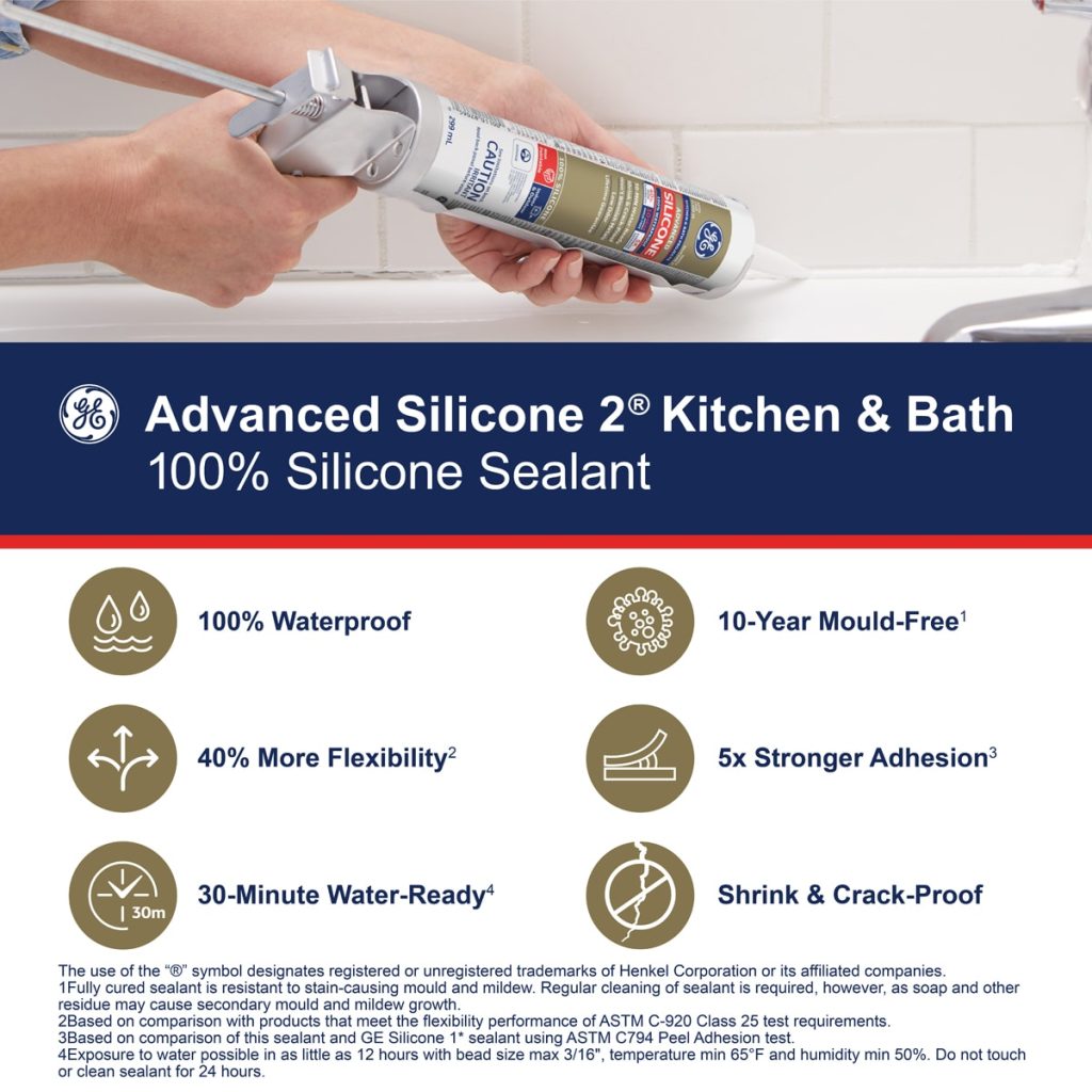 GE Advanced Silicone 2 Kitchen and Bath, Tub and Tile 10.1-oz Clear  Silicone Caulk